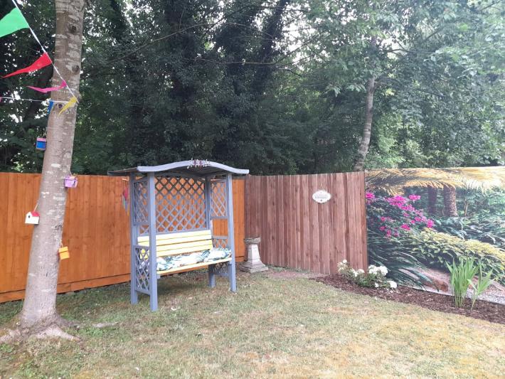 garden with a seating area